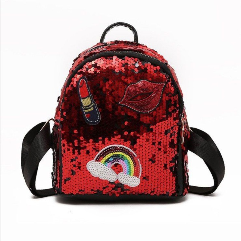 New Bright Sequin Mini School Backpack Lip and Rainbow Pattern PU Girls Daily Bags – Backpack Bag and Ladies Backpacks price