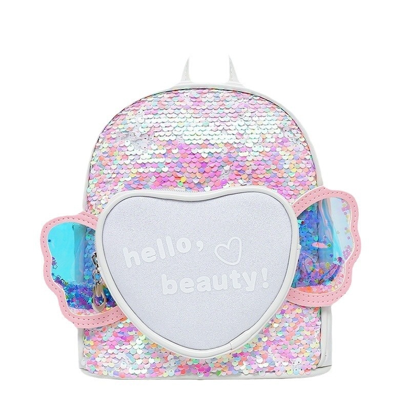 Custom New Kindergarten Shining PU Leather Bag Hot Trend Love Shape Pocket Cute Casual Outdoor Light Sequined Cartoon Backpack – Backpack and Bolsa De Cuero price