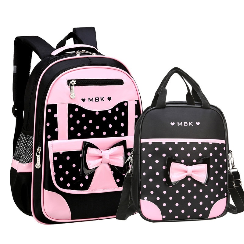2PCS Bowknot Wave Point Prints Primary School Bookbag Nylon Fabric Kids School Backpack Sets for Girls – Kids School Bag and Student Backpack price