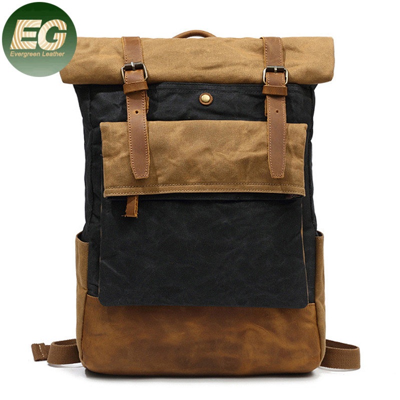 Ga48 Vintage Classic OEM Mountaineering Sport Mens Backpacks Bag Hiking Rucksack Travel Waterproof Roll Top Genuine Leather Canvas Backpack – Genuine Leather Canvas Backpack and Hiking Rucksack Backpack price