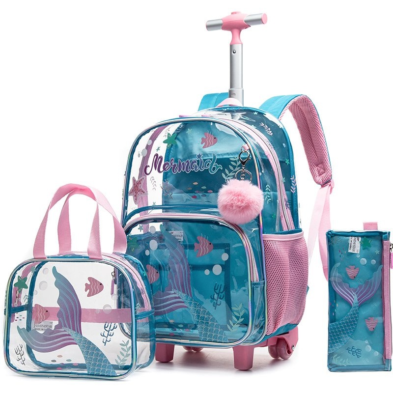 Cartoon Travel Clear Bookbags Mochilas 3 Piece Set Customized Transparent Trolley Wheeled School Bag for Kids – Clear Bookbag and Wheeled School Bag price