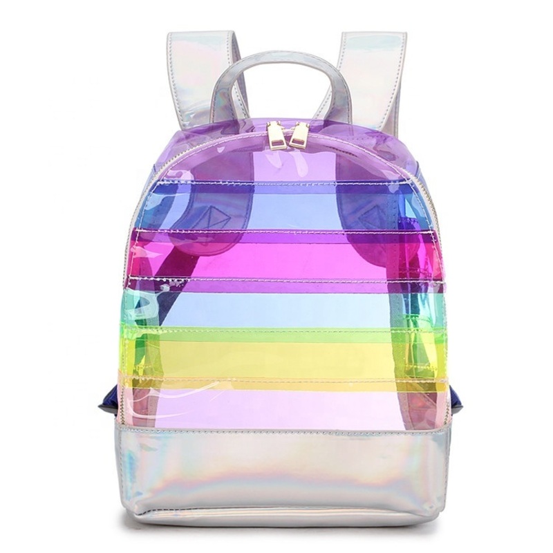 Women Laser Cartoon Rainbow Backpack Transparent PVC Sequin Glittering Clear Schoolbag Girl Waterproof Holographic Bag – Bag and Daily Use price