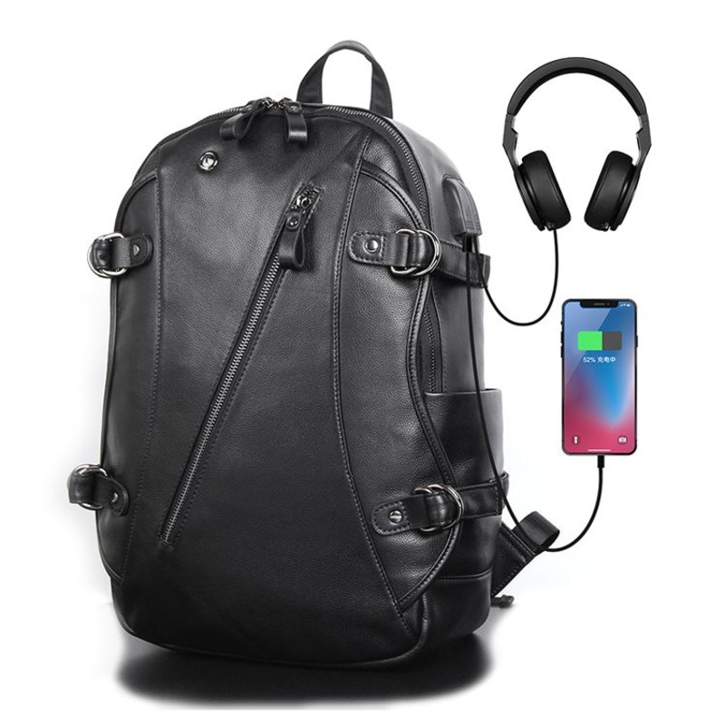 Newest Design Low Price Good Quality Black Real Leather Laptop Backpack with USB Charging Port – Backpack with USB Charging and Leather Backpack price