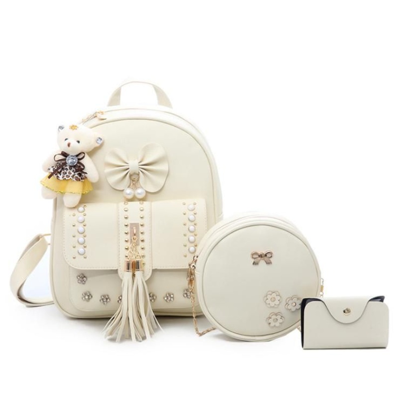 New Fashion 3 Set Pieces Shoulder Bags PU Leather School Cute Backpack for Student with Pearl Bow Decoration Girls Bag – Backpack Bag and Ladies Backpacks price