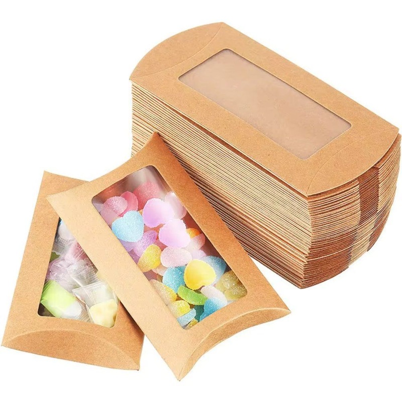 Paper Box Pillow Shape Kraft Paper Food Packaging Box with Clear Window – Kraft Food Packaging Box and Pillow Food Packaging Box price