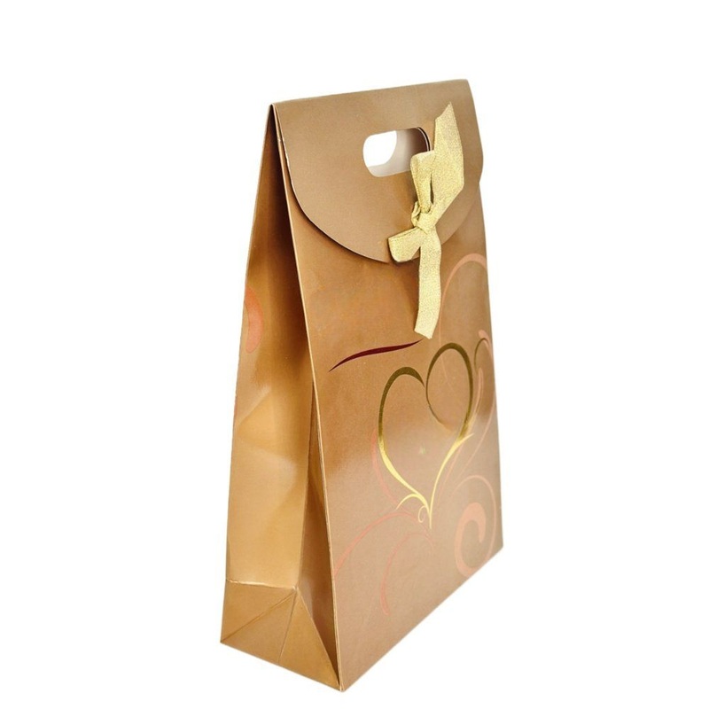 Charming Golden Gift Paper Bag with Delicate Heart – Shaped Patterns and Ribbon Decoration – Premium Gift Bag and Bag price